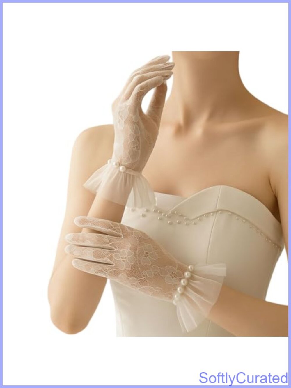 Short Lace Mesh Tulle Gloves with Pearl Details Wrist Length Formal